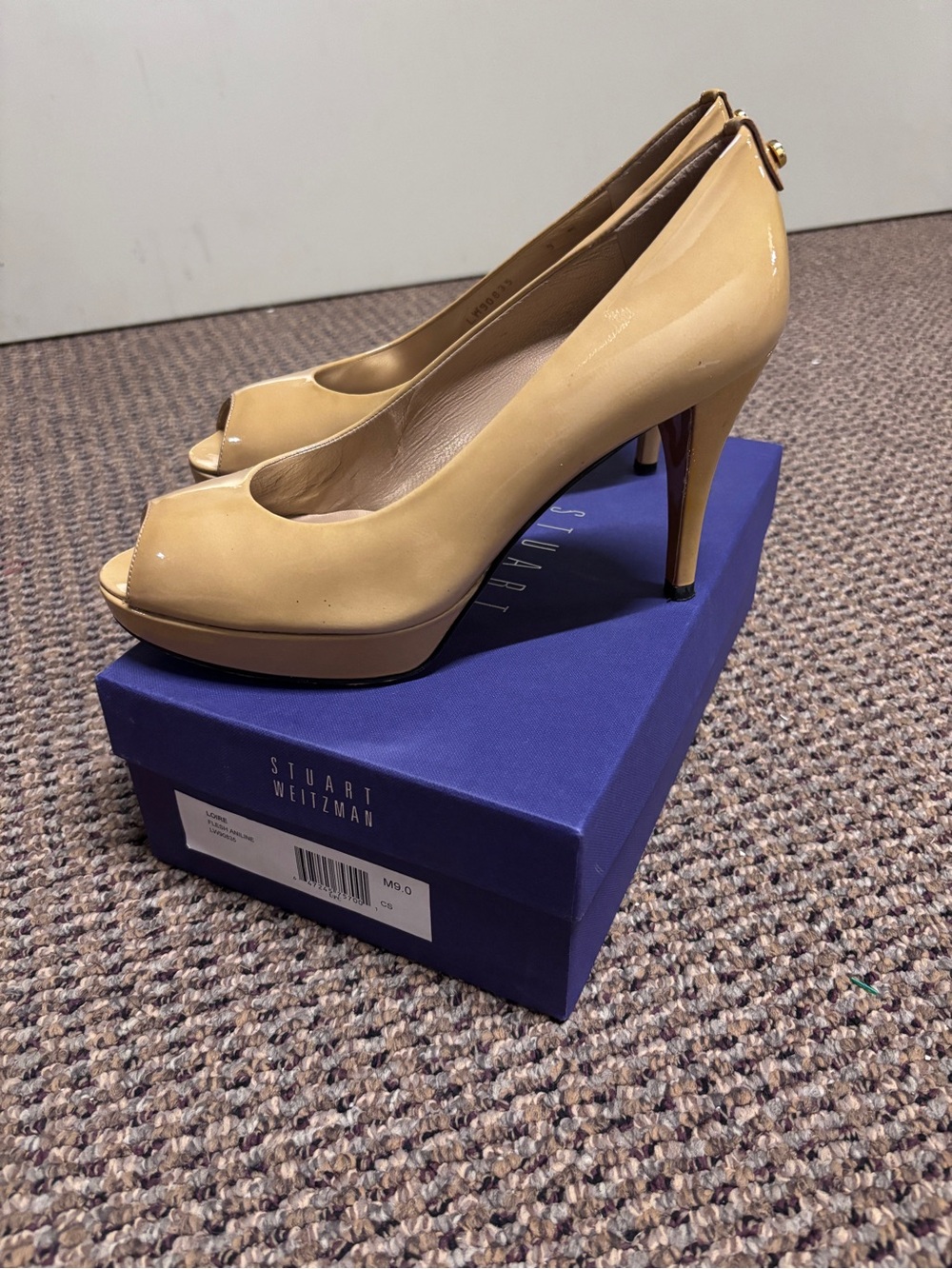 Stuart Weitzman Beige Patent Peep-Toe Platform Pumps